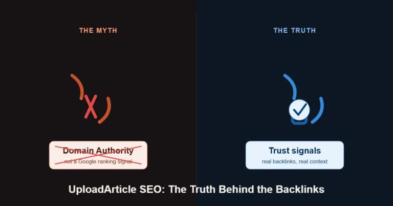 Split graphic comparing the Domain Authority myth with real Google trust signals for UploadArticle SEO
